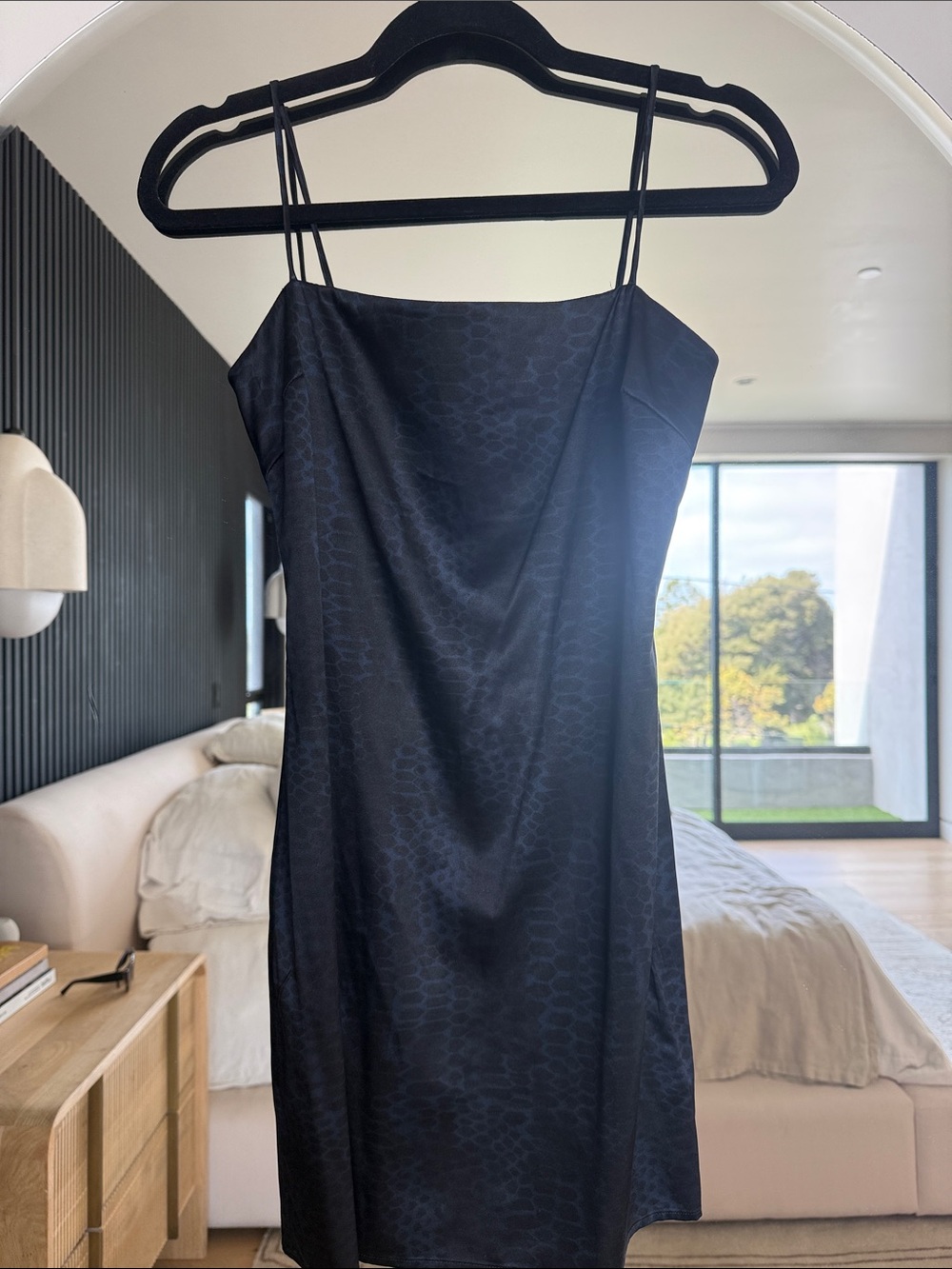 Anine Bing - Black and Navy Satin Slip Dress with Snake Print